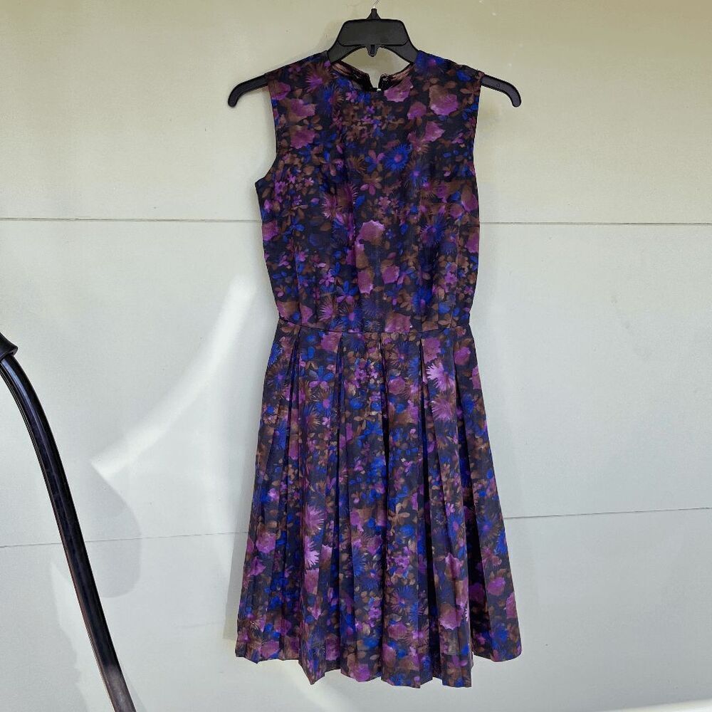 VTG 50s Floral Dress XS–S Pleated Skirt Talon Zipper Moody Purple Blue